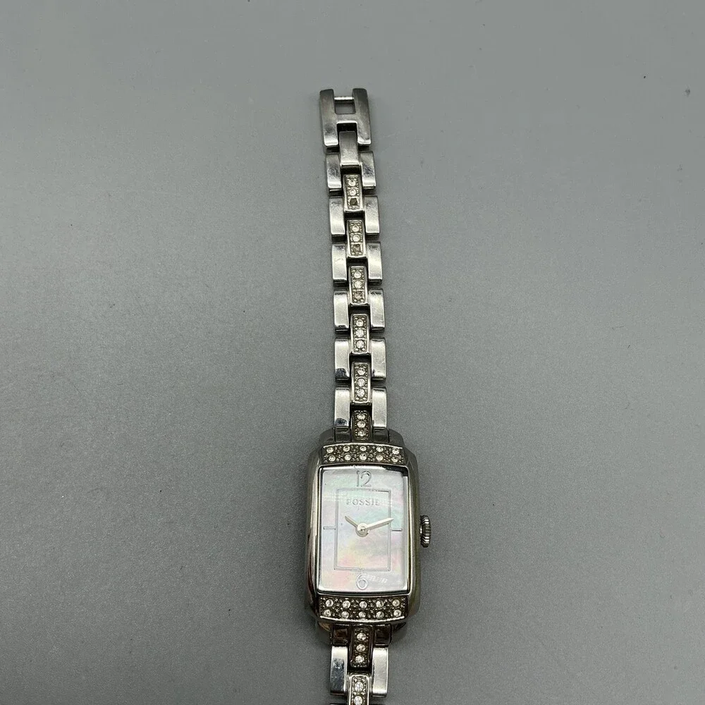 Fossil Womens Watch 17mm White MOP Dial Silver Tone Crystal New Battery 6.5